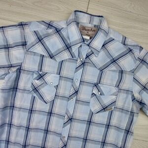 Wrangler Wrancher Western Shirt Mens XL Blue Plaid Short Sleeve Pearl Snap yokes